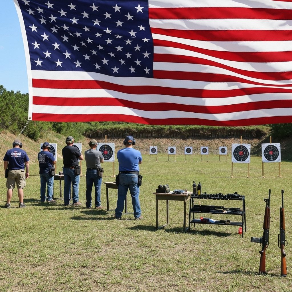 Patriotic outdoor shooting range with American flag and firearms