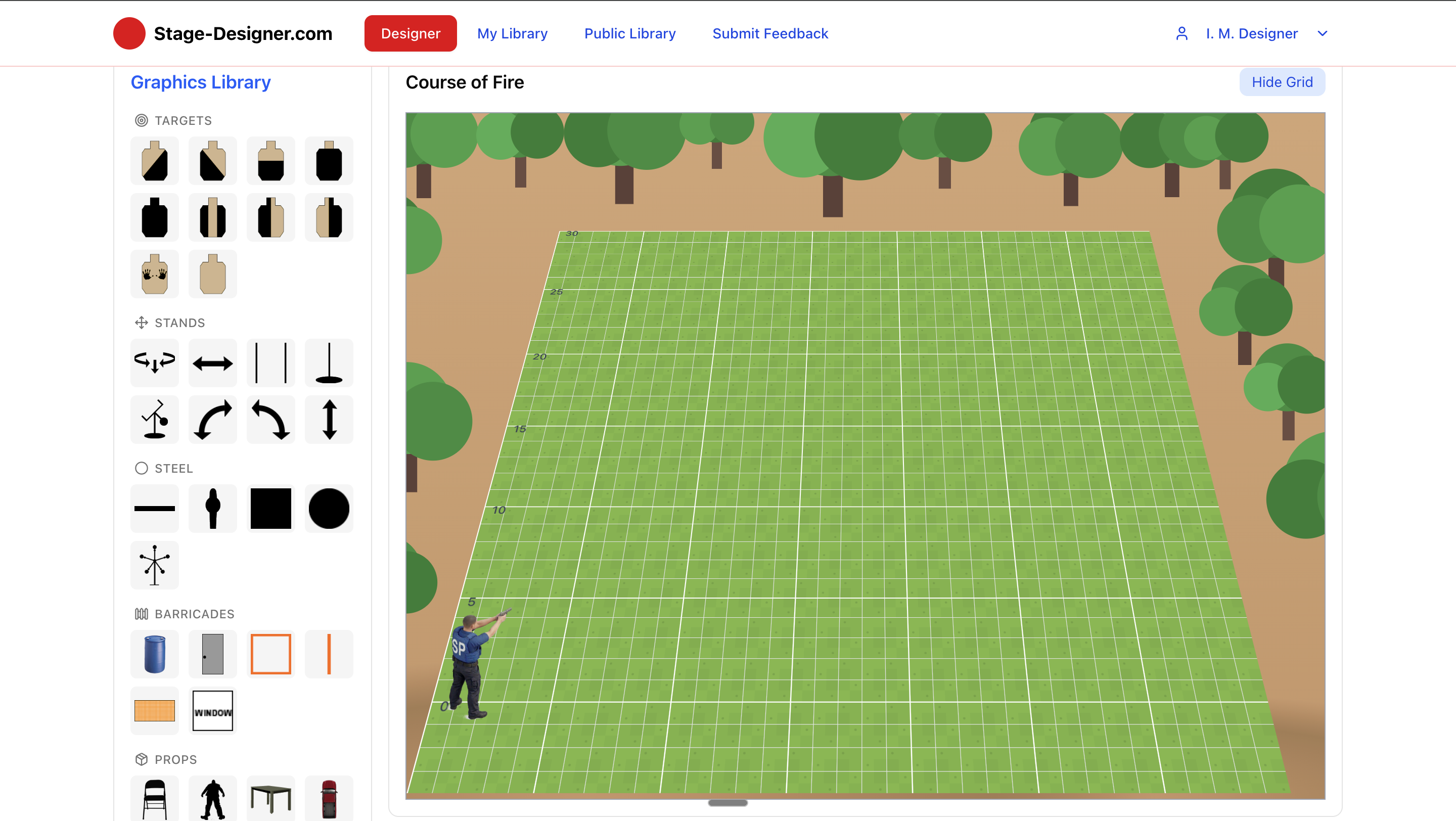 Stage Designer Interface - Drag and drop targets, barricades, and props onto your shooting stage